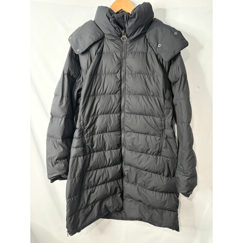 Athleta Black Downtown Down Puffer Coat Jacket Sz XL Hooded Zip Up Parka Warm